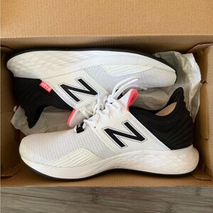 New Balance Roav White and Black Running Shoes with Pink Accents